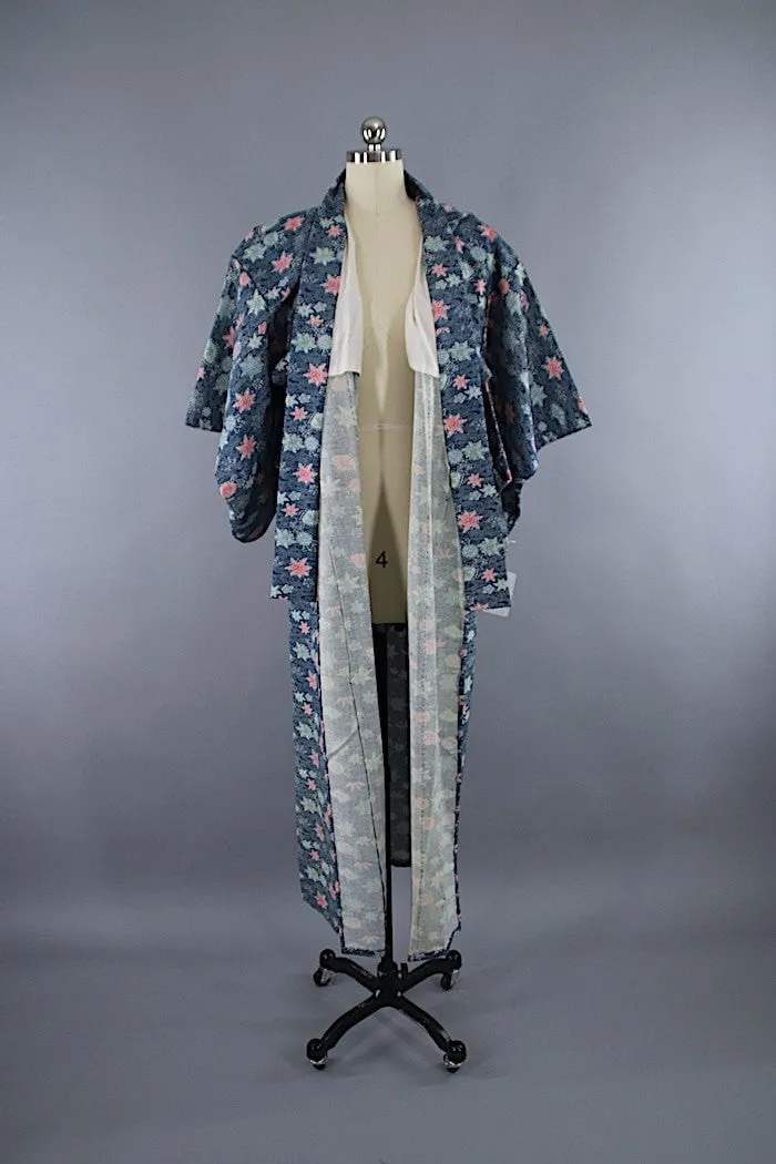 1960s Vintage Kimono Robe / WOOL Muslin / Blue & Pink Floral