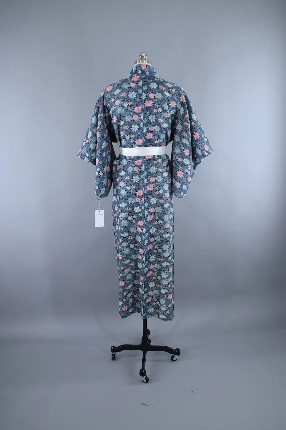 1960s Vintage Kimono Robe / WOOL Muslin / Blue & Pink Floral