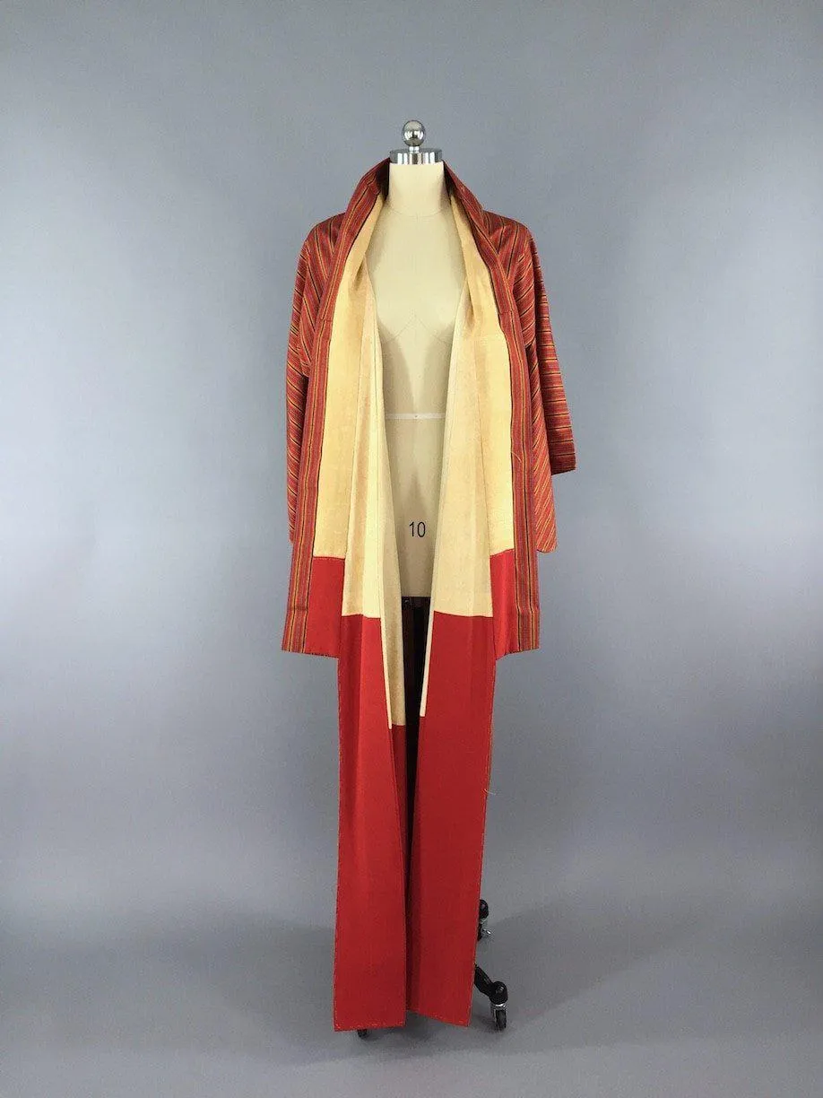 1960s Vintage Silk Kimono Robe / Orange Stripes