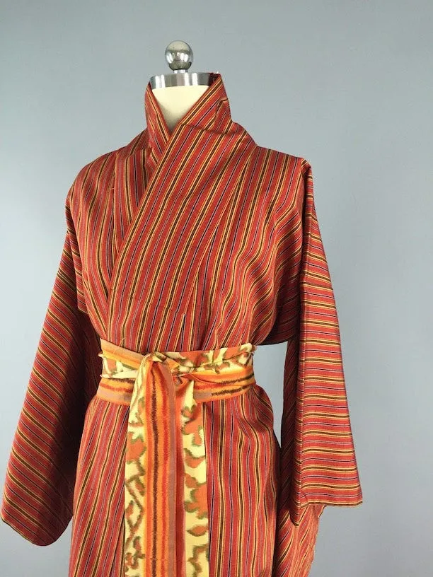 1960s Vintage Silk Kimono Robe / Orange Stripes