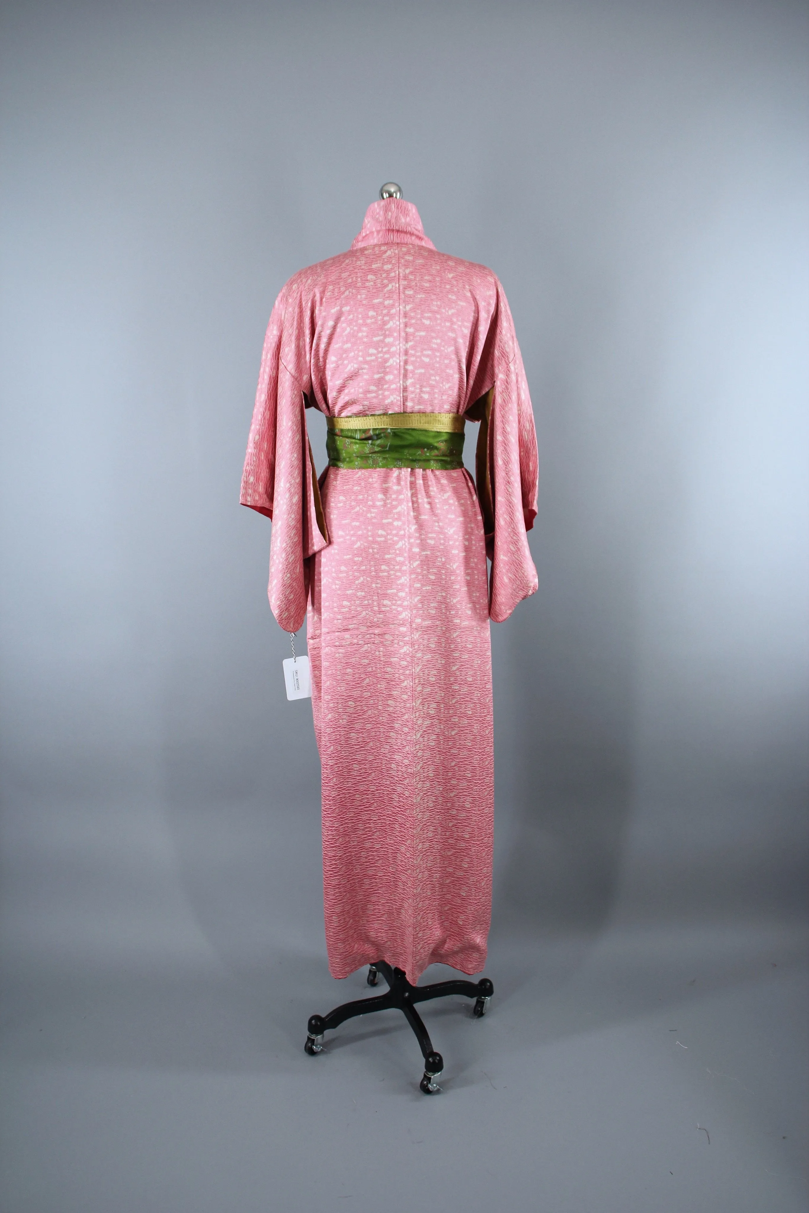 1960s Vintage Silk Kimono Robe / Pink & White Shibori