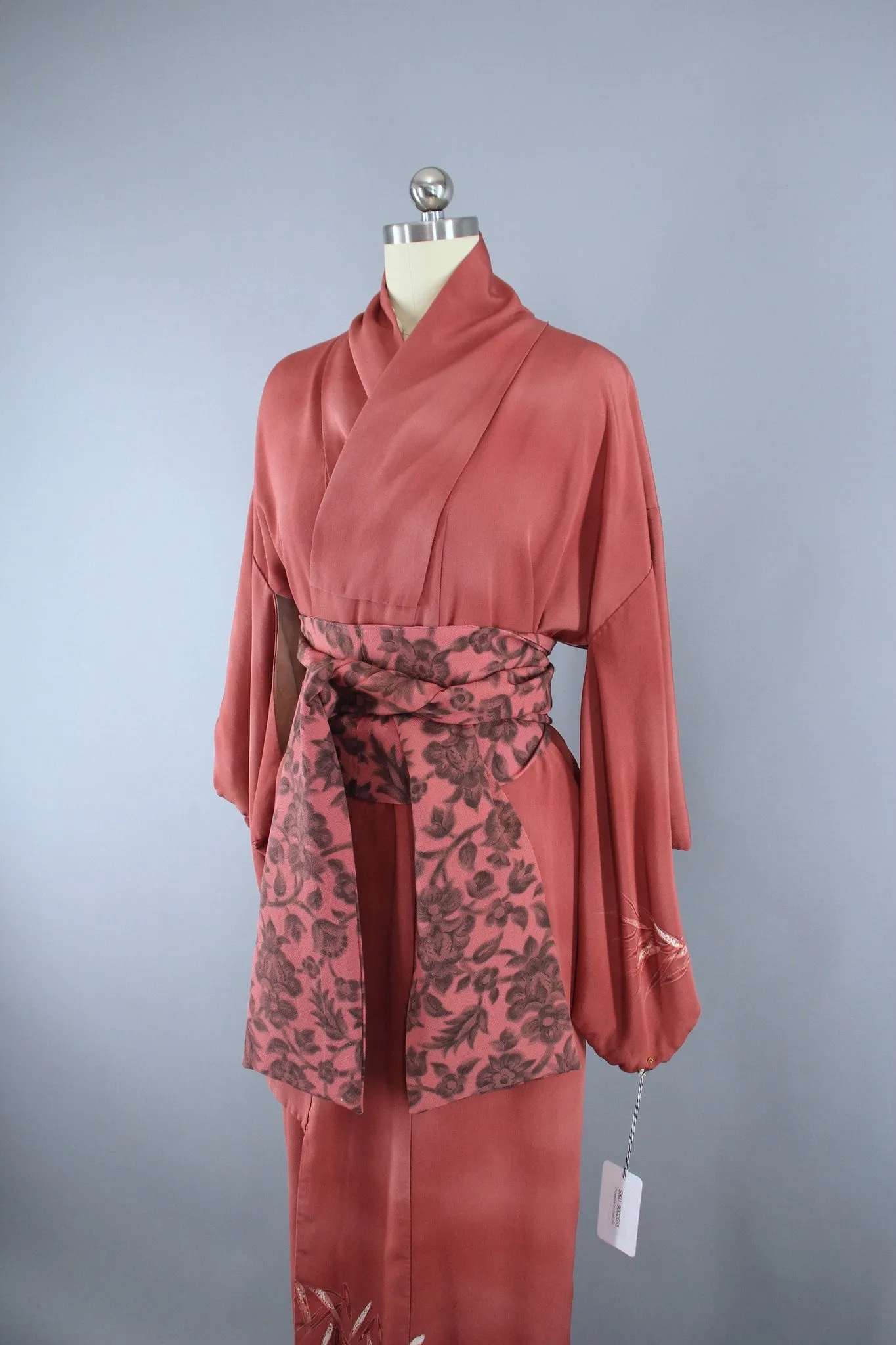 1960s Vintage Silk Kimono Robe / Terra Cotta Orange Bamboo Leaves Print