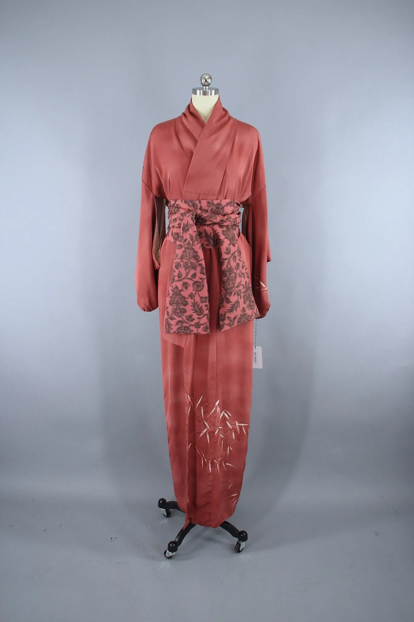 1960s Vintage Silk Kimono Robe / Terra Cotta Orange Bamboo Leaves Print