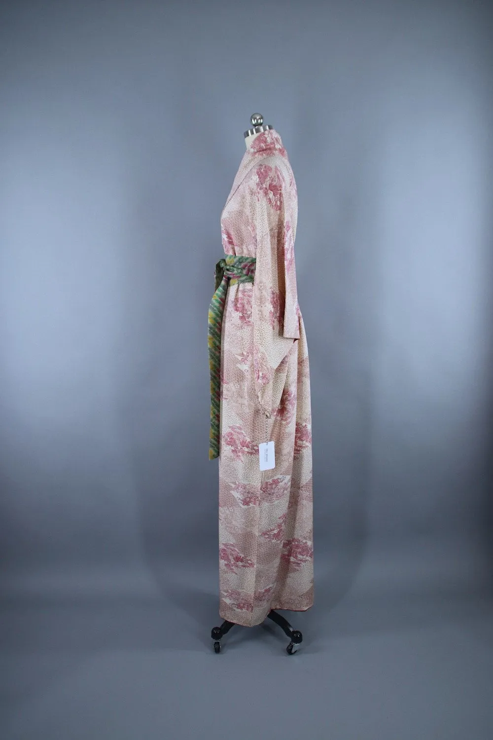 1960s Vintage Silk Kimono Robe / White Pink Tiny Floral Print