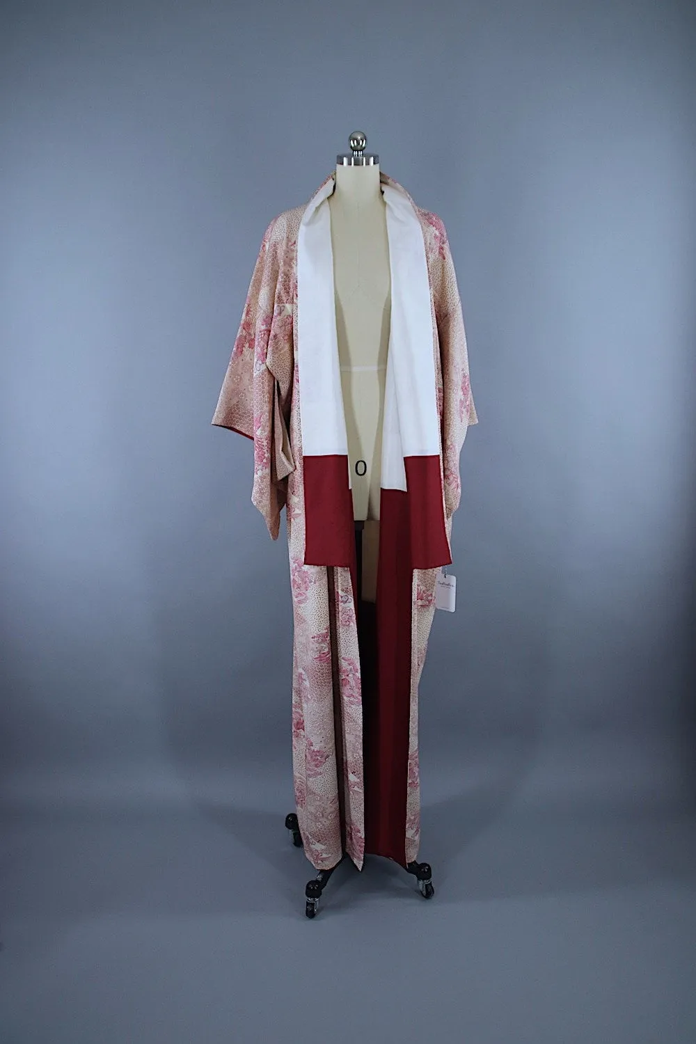 1960s Vintage Silk Kimono Robe / White Pink Tiny Floral Print