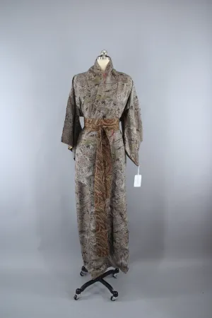 1970s Vintage Kimono Robe with Brown Dotted Floral Print