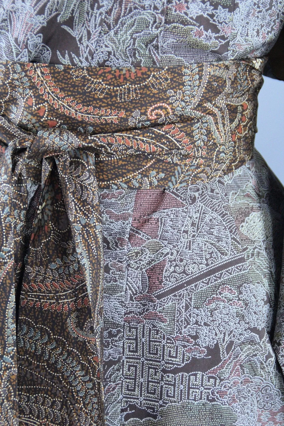 1970s Vintage Kimono Robe with Brown Dotted Floral Print