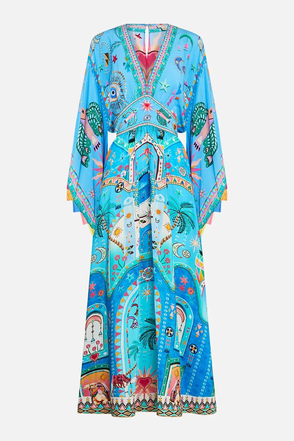 A Painted Village Waisted Dress With Kimono Sleeve