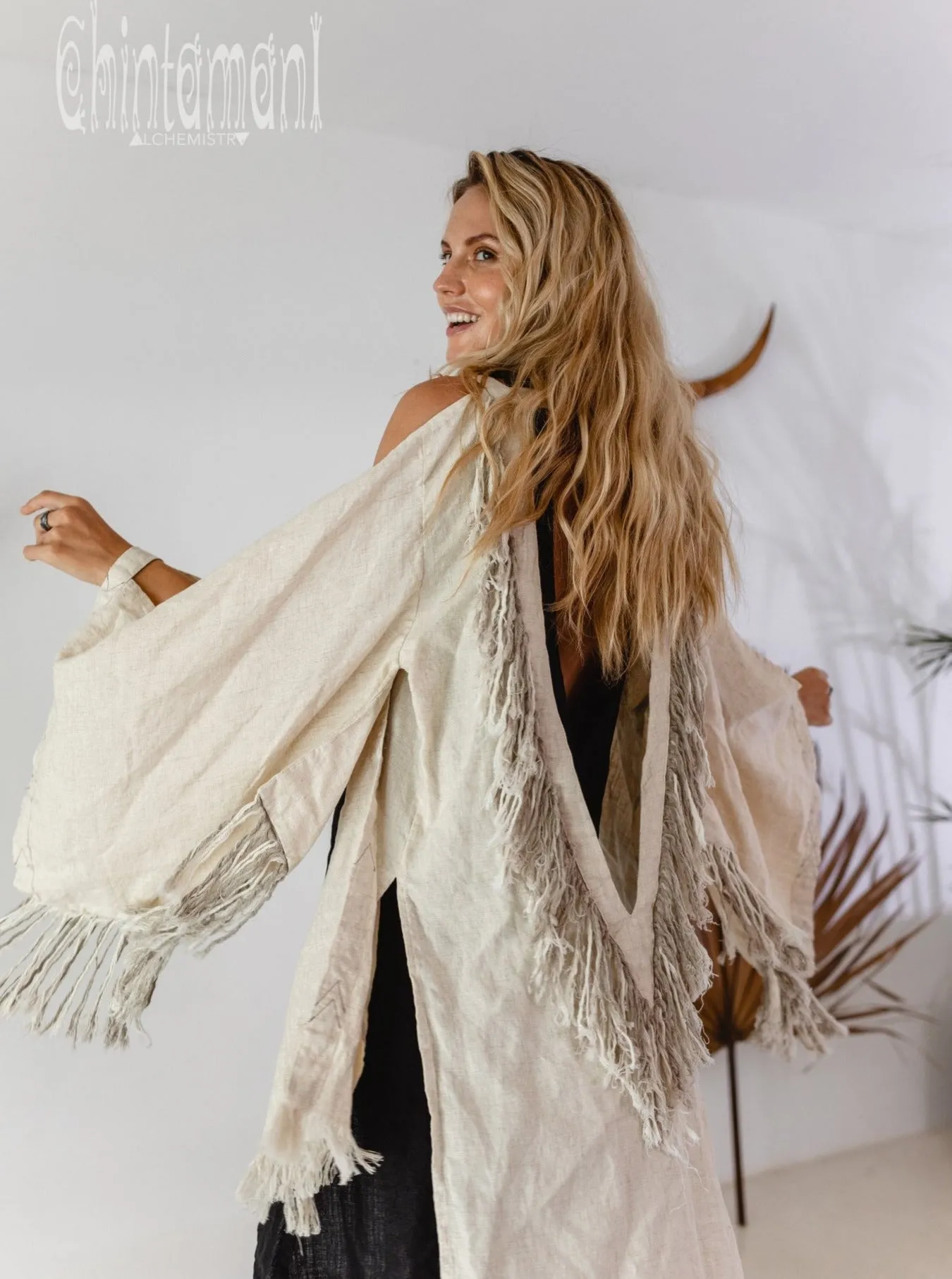 Alma Libra Linen Fringe Kimono ∆ Boho Cardigan Robe / Cream