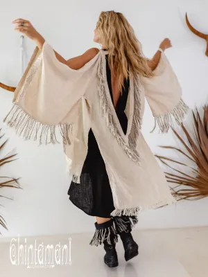 Alma Libra Linen Fringe Kimono ∆ Boho Cardigan Robe / Cream