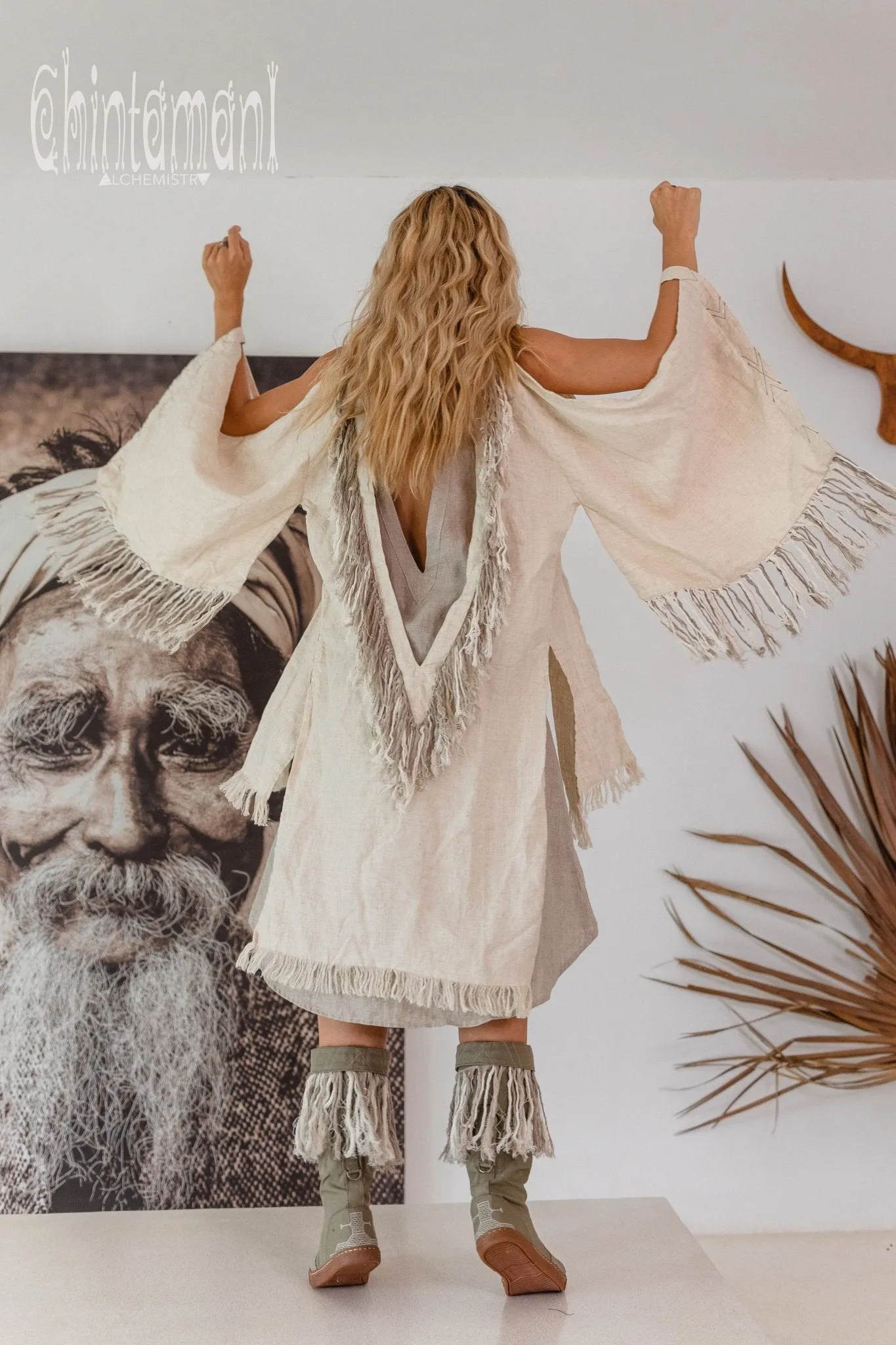 Alma Libra Linen Fringe Kimono ∆ Boho Cardigan Robe / Cream