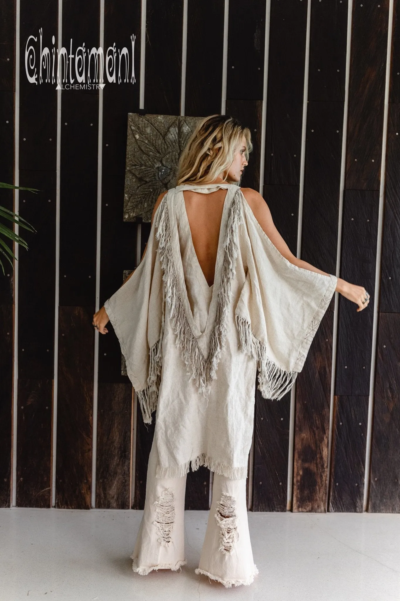 Alma Libra Linen Fringe Kimono ∆ Boho Cardigan Robe / Cream