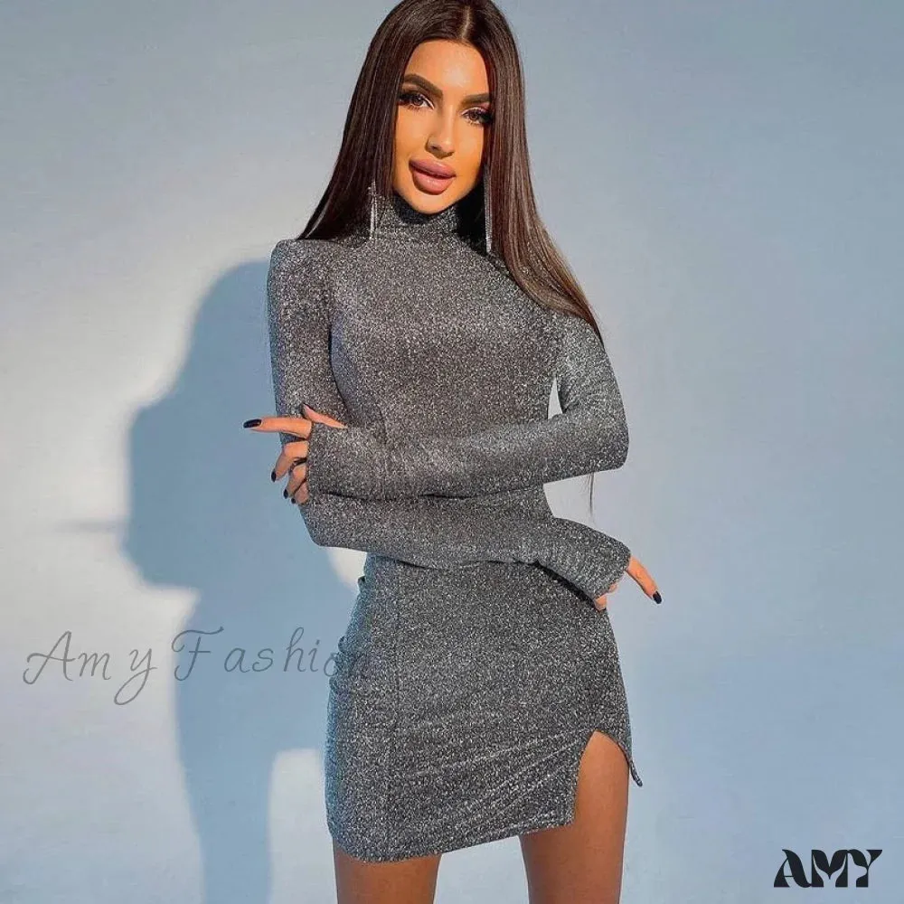 Amy Fashion - Bright Long Sleeve Solid Turtleneck Mini Dress