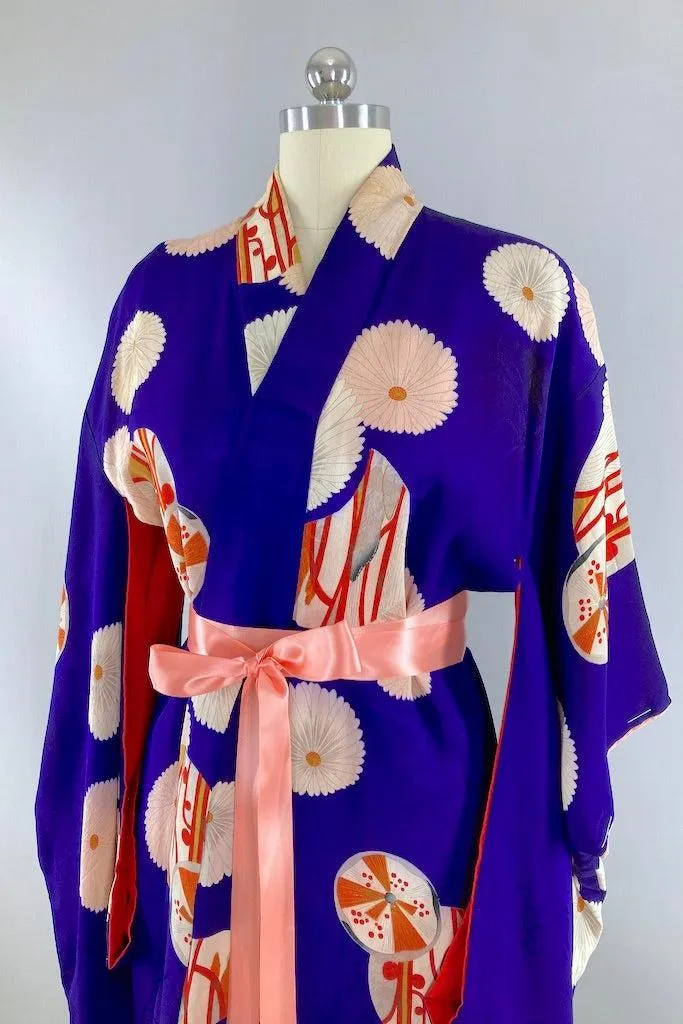 Antique Purple Flowers & Feathers Silk Kimono