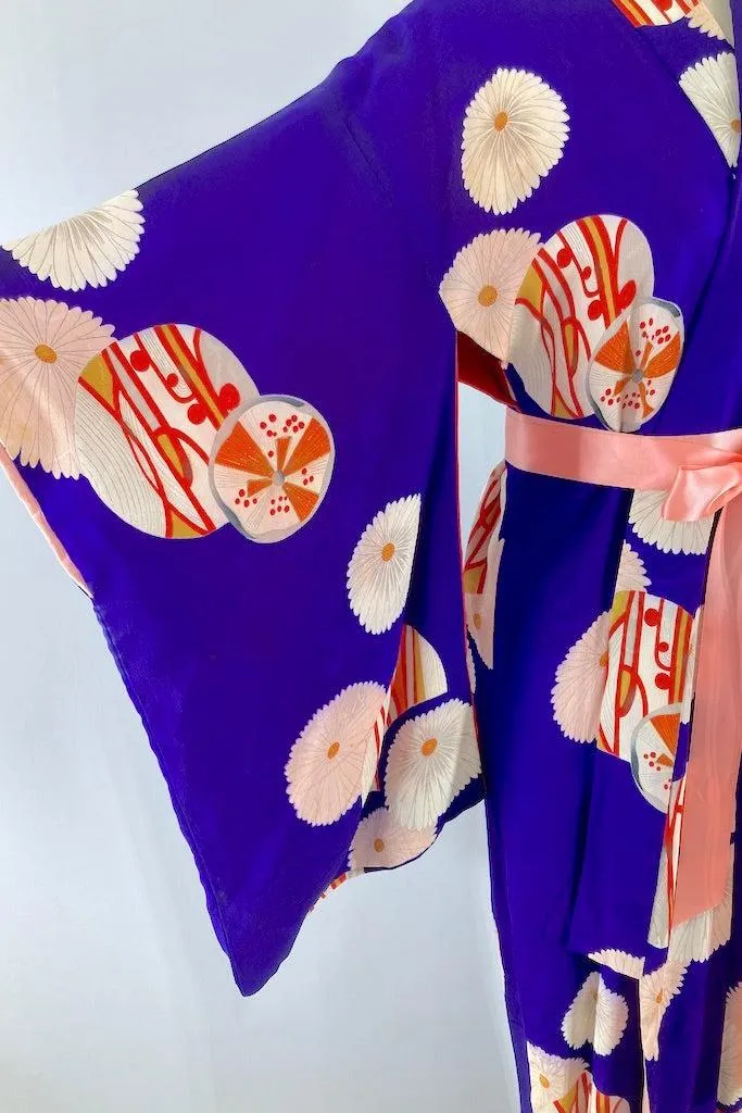 Antique Purple Flowers & Feathers Silk Kimono