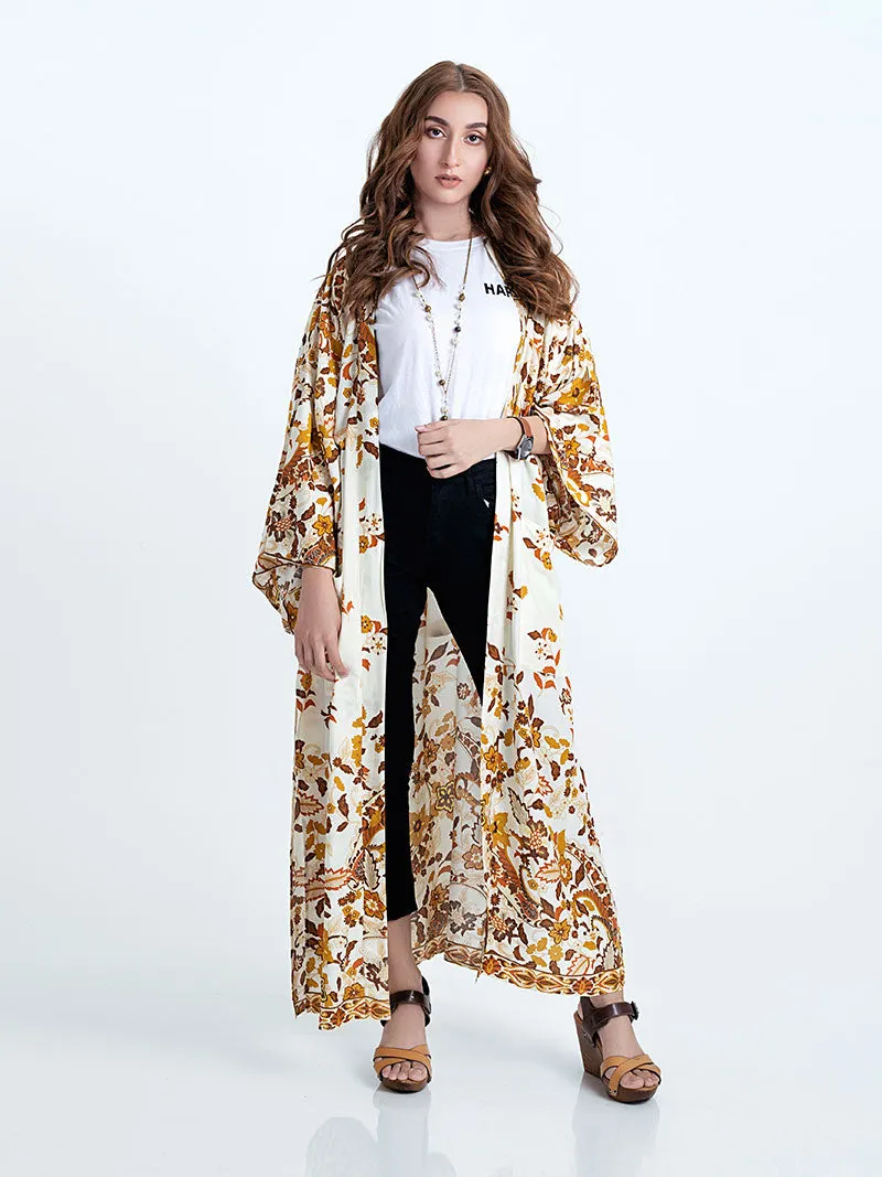 Beachwear & Partywear Floral Print Beige Color Cotton Long Length Gown Kimono Duster Robe