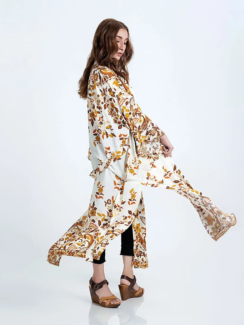 Beachwear & Partywear Floral Print Beige Color Cotton Long Length Gown Kimono Duster Robe