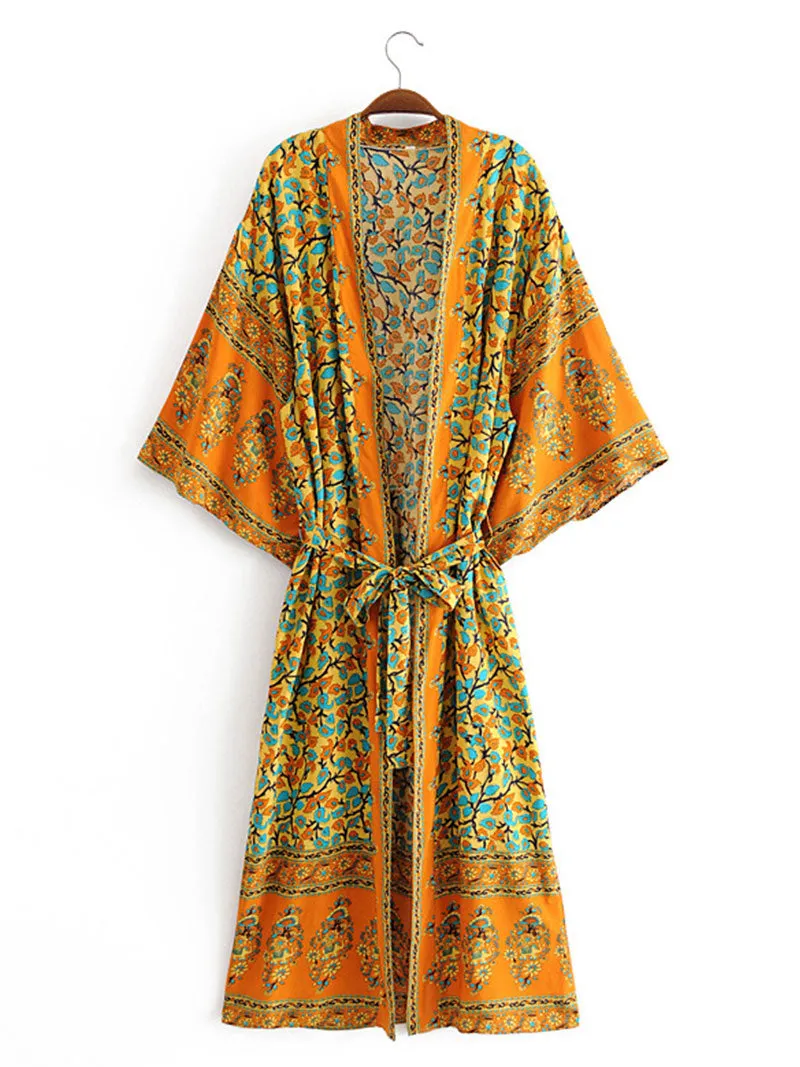 Beachwear Kimono Floral Bohemian Print Orange Color Cotton Viscose Long Length Gown Kimono Duster Robe