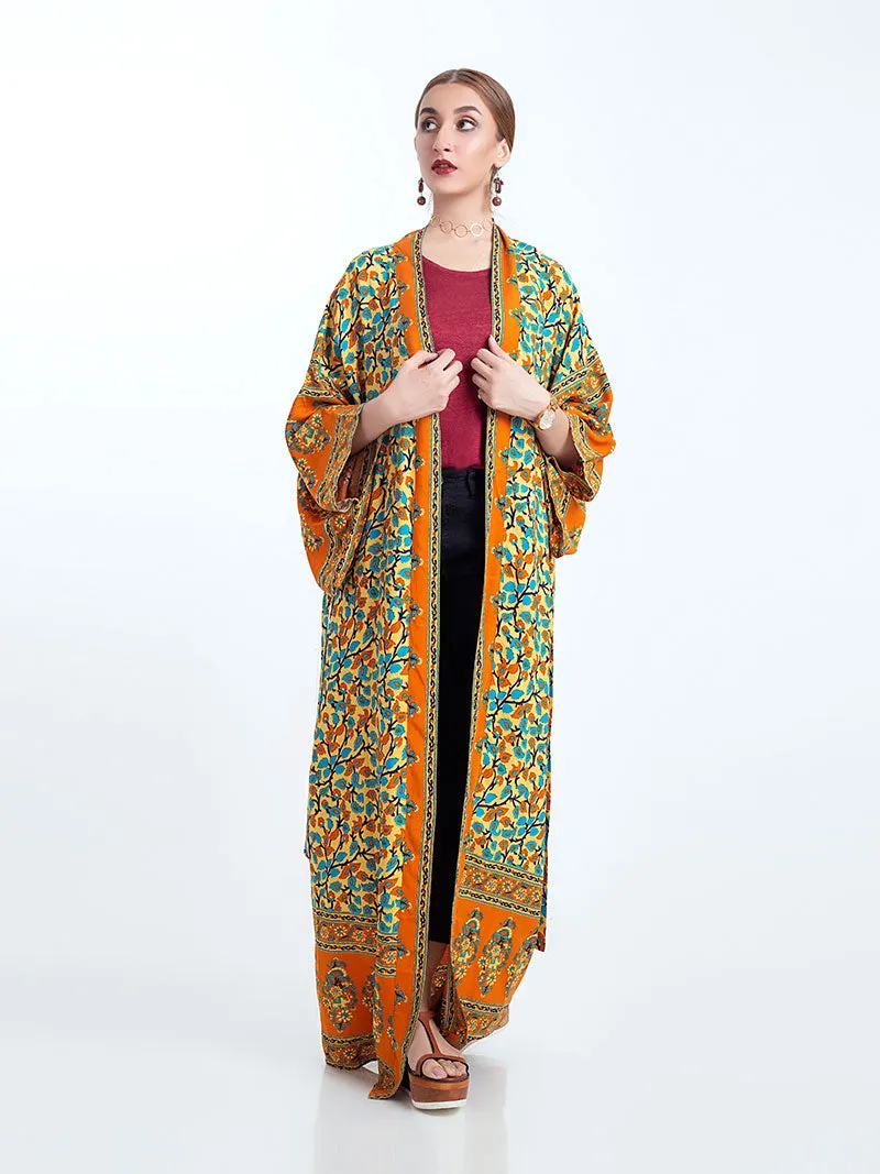 Beachwear Kimono Floral Bohemian Print Orange Color Cotton Viscose Long Length Gown Kimono Duster Robe