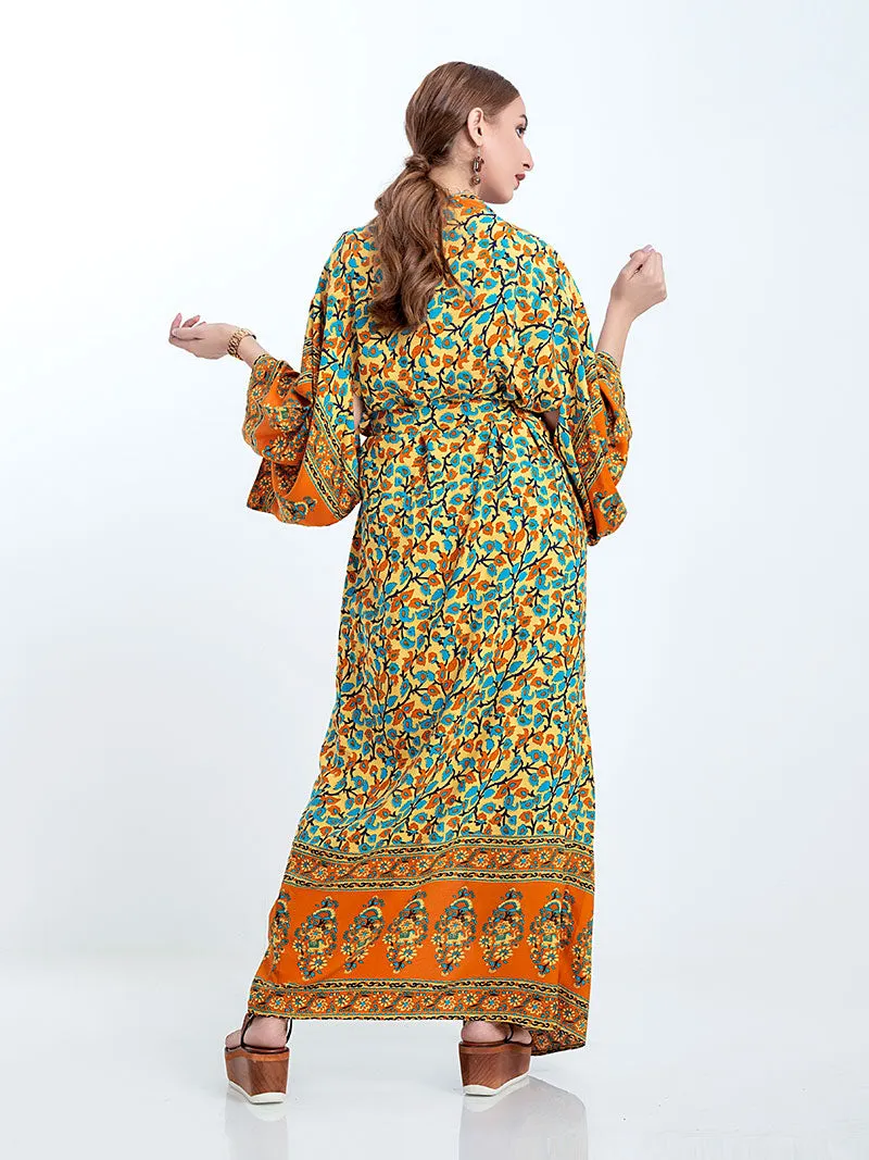 Beachwear Kimono Floral Bohemian Print Orange Color Cotton Viscose Long Length Gown Kimono Duster Robe