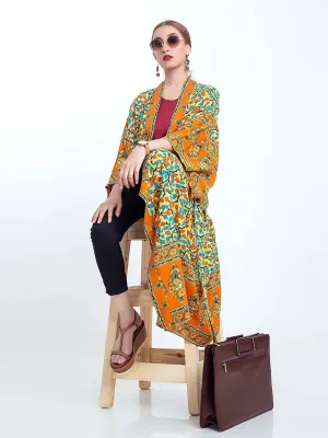 Beachwear Kimono Floral Bohemian Print Orange Color Cotton Viscose Long Length Gown Kimono Duster Robe