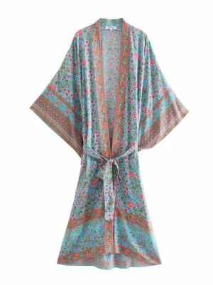 Beachwear Long Floral Print Blue Color Cotton Long Length Gown Kimono Robe