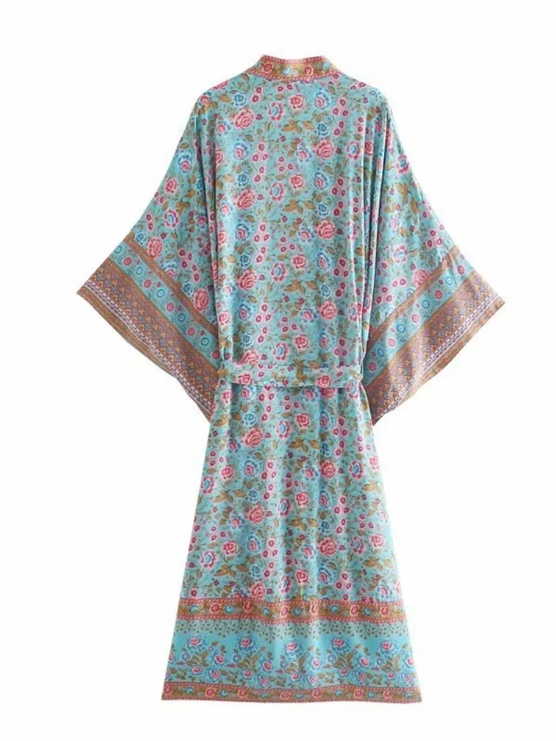 Beachwear Long Floral Print Blue Color Cotton Long Length Gown Kimono Robe