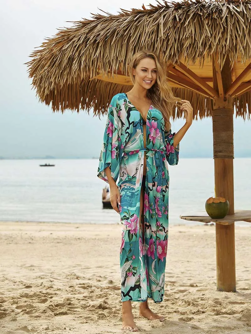 Beachwear Long Kimono Floral Print Green Color Rayon Long Length Gown Robe Kimono