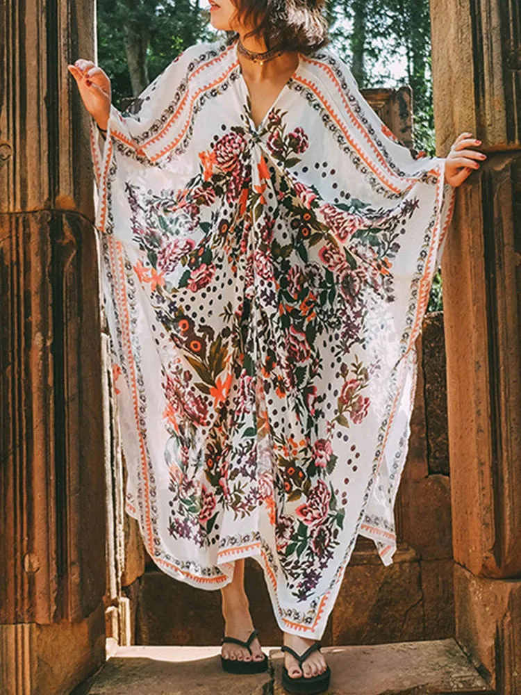 Beachwear Mid Length Floral Print Multicolor Chiffon Gown Kimono Duster Robe