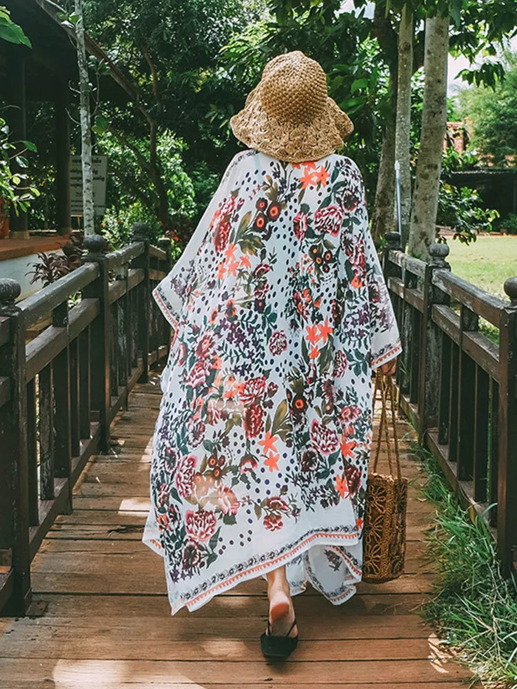 Beachwear Mid Length Floral Print Multicolor Chiffon Gown Kimono Duster Robe