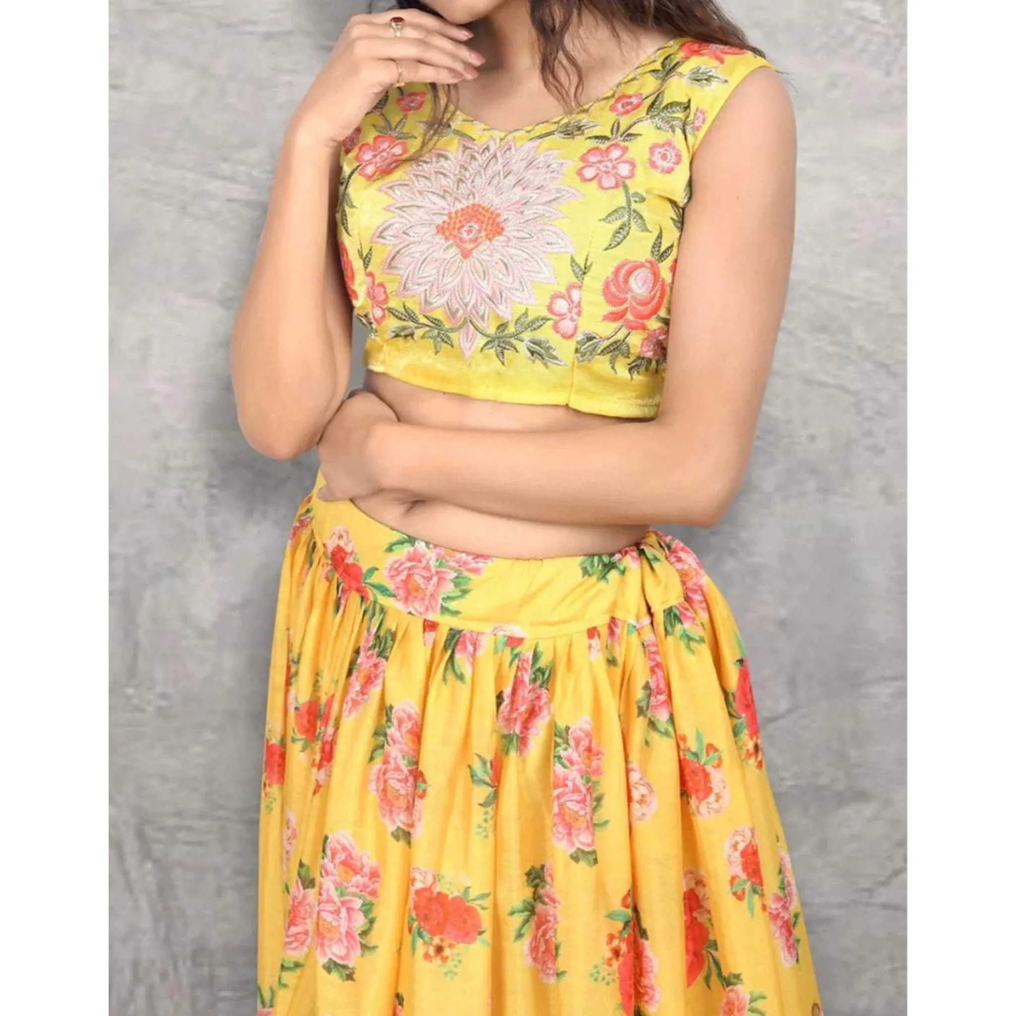 Beautiful Floral Printed Yellow Faux Georgette Jacket Lehenga Choli