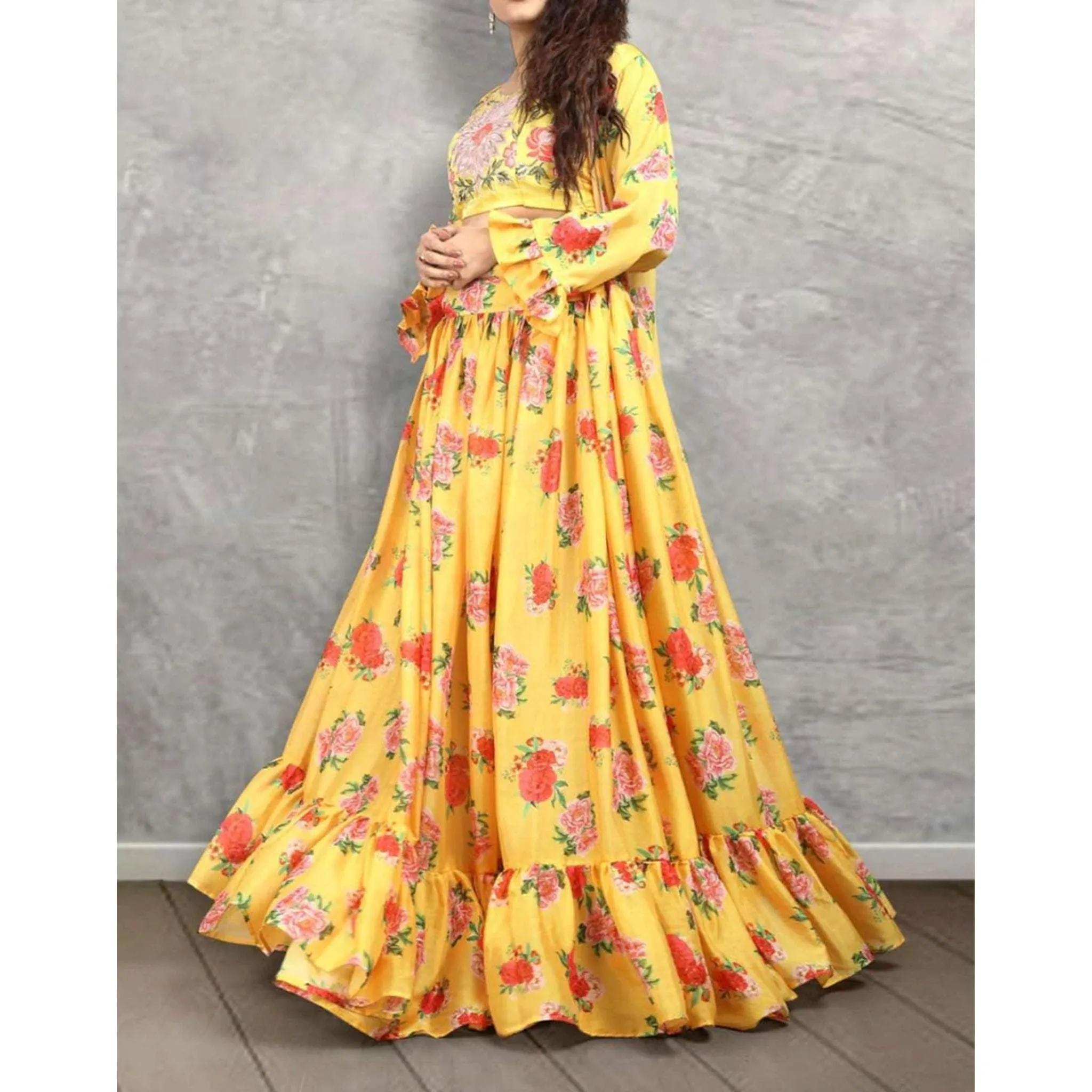 Beautiful Floral Printed Yellow Faux Georgette Jacket Lehenga Choli