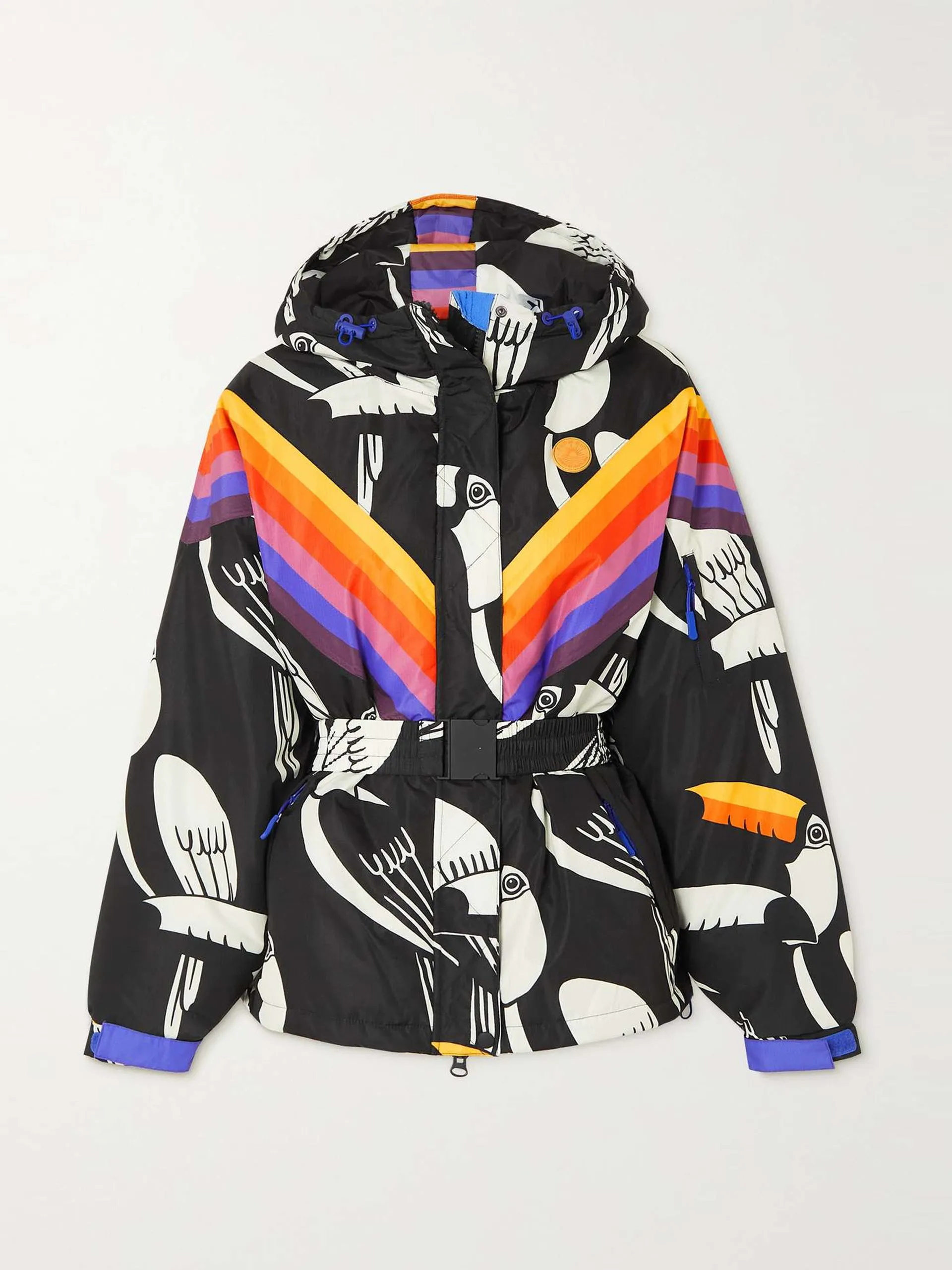 Belted printed padded ski jacket