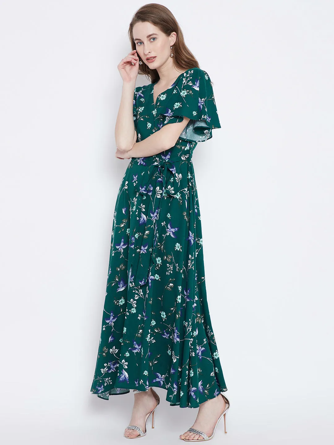 Berrylush Women Green Floral Printed V-Neck Waist Tie-Up Thigh-High Slit Maxi Dress