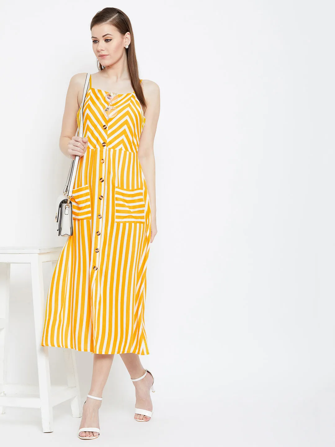 Berrylush Women Yellow & White Striped Pattern Square Neck Fit & Flare Midi Dress