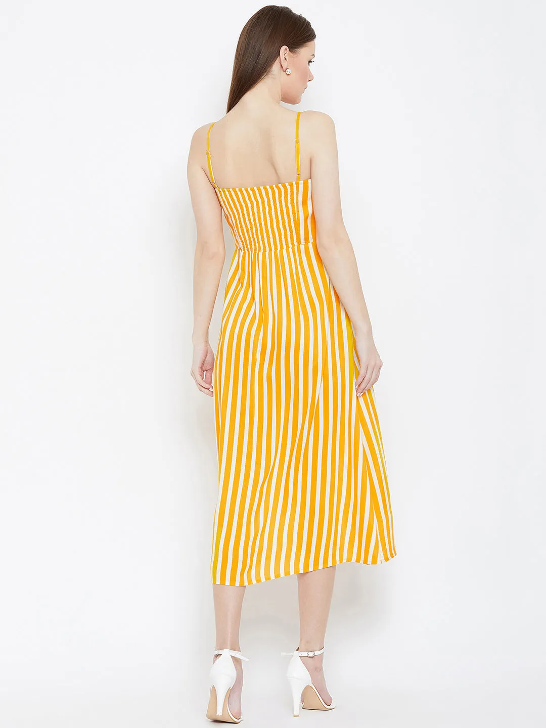 Berrylush Women Yellow & White Striped Pattern Square Neck Fit & Flare Midi Dress