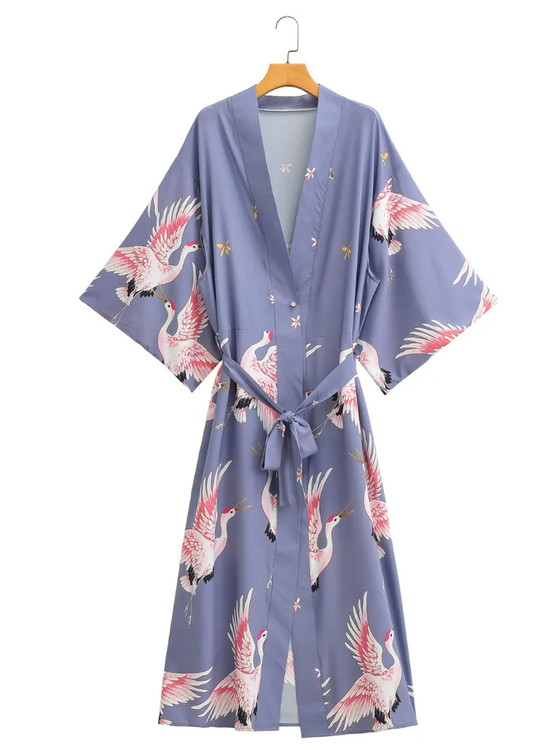 Bird Floral Long Kimono, beach cover up, long beach kimono