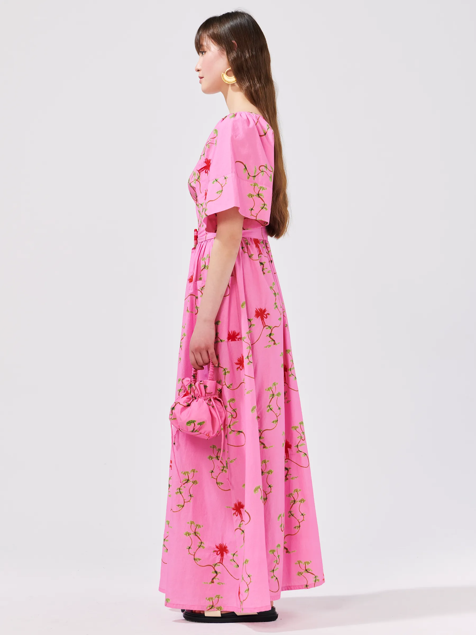 Birds Of Utopia Embroidered Kimono Sleeve Cotton Maxi Dress Pink