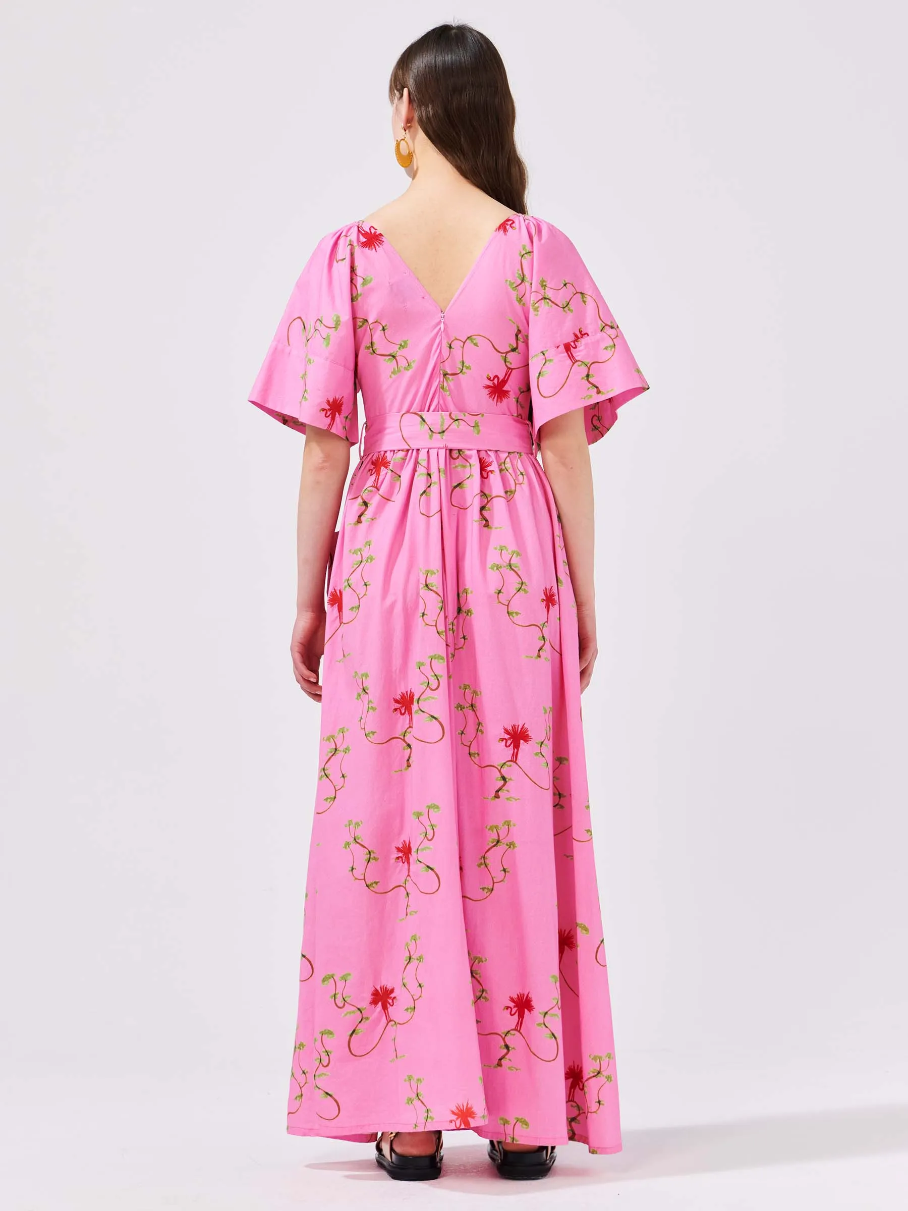 Birds Of Utopia Embroidered Kimono Sleeve Cotton Maxi Dress Pink