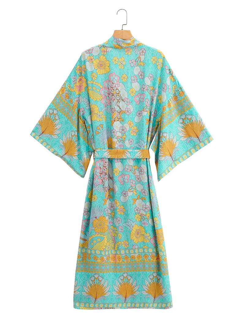 Birthday Party Floral Print Green Color Cotton Long Kimono Robe