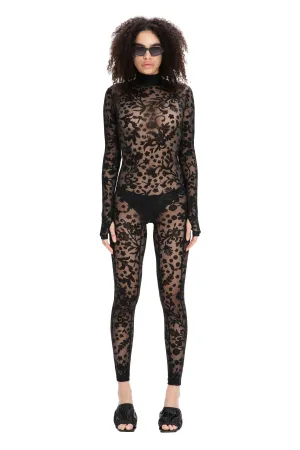 Black Floral Lace Sheer Long Sleeve Turtleneck Full Bodysuit