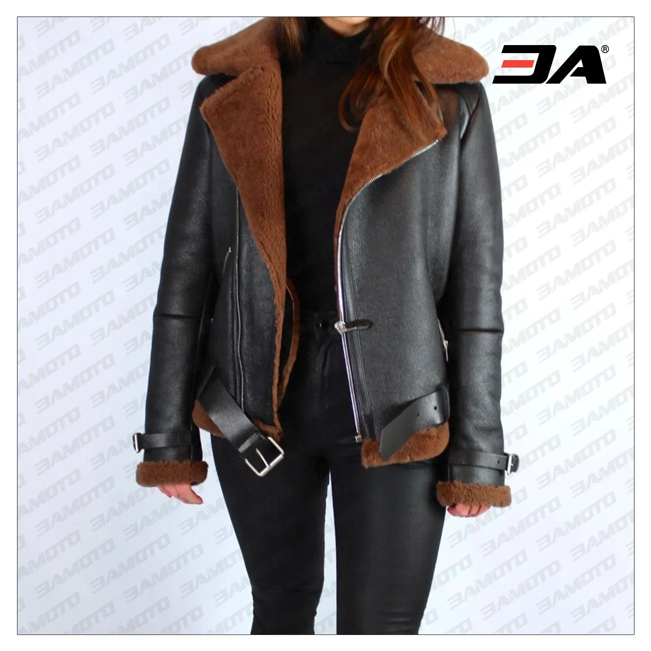 Black Fur Leather Jacket with Brown Shearling Trimming