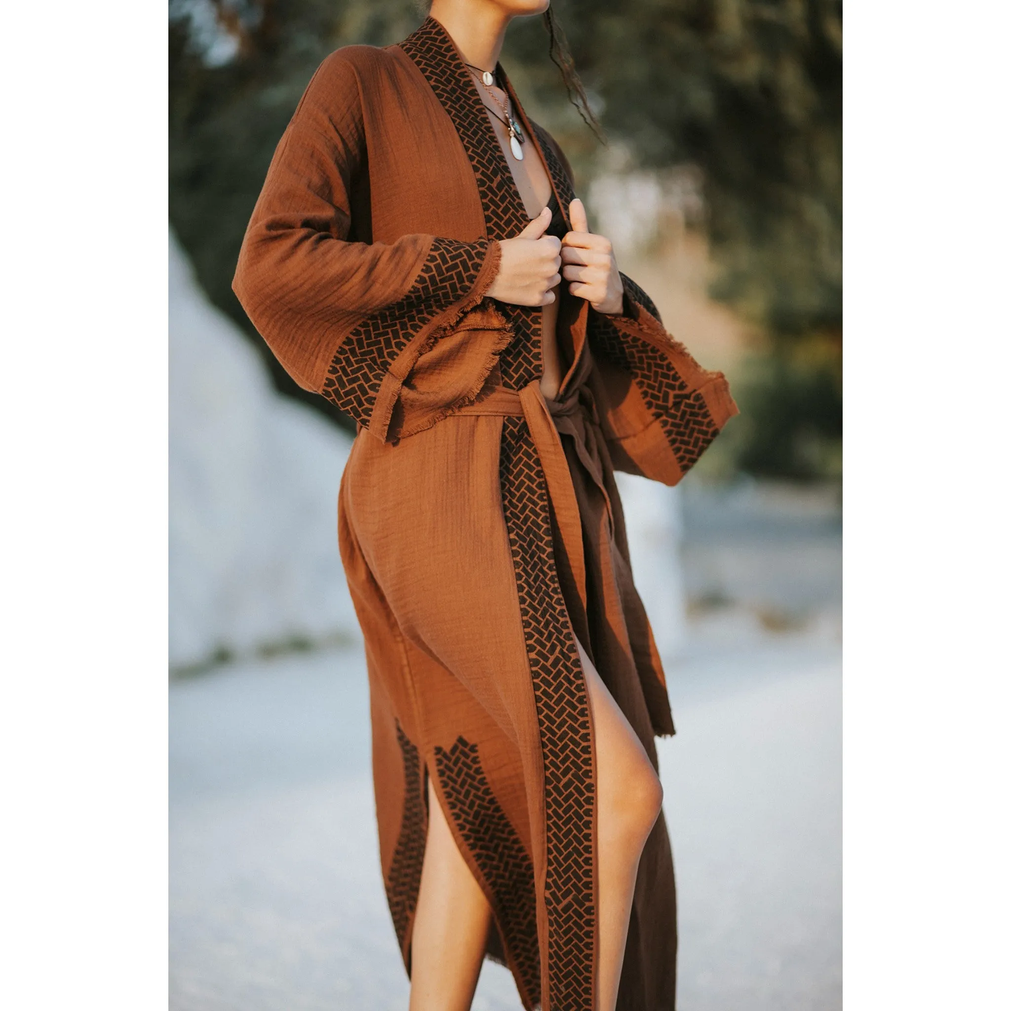 Block Print Natural Cotton Turkish Towel Kimono Robe