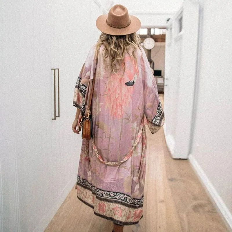 Bohemian Kimono, Pink Crane  Floral Print Sashes Women Bohemian V Neck Batwing Sleeves Blouses Robe Kimono Cover-up