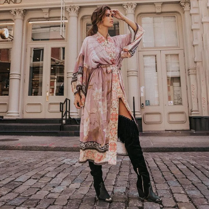 Bohemian Kimono, Pink Crane  Floral Print Sashes Women Bohemian V Neck Batwing Sleeves Blouses Robe Kimono Cover-up