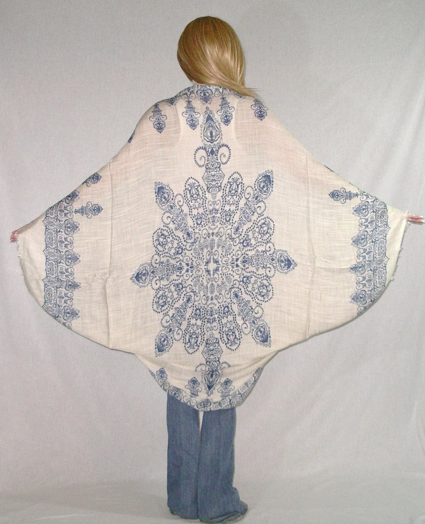 Boho Kimono Navy Blue And White Cocoon With Henna Like Floral Pattern Fringed Edges Natural Viscose Mandala Tattoo Buddhist Hindu One Size Fits All