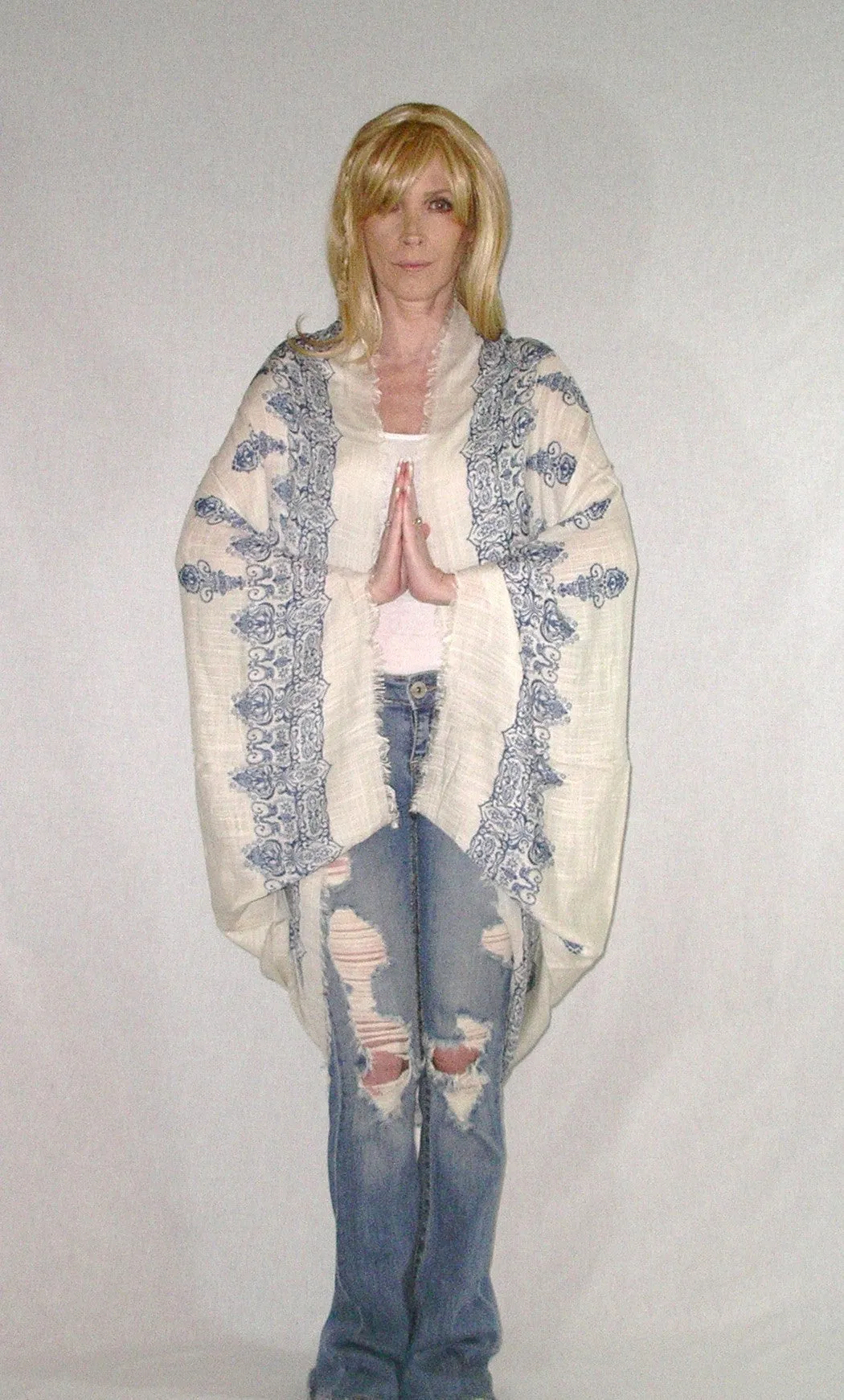 Boho Kimono Navy Blue And White Cocoon With Henna Like Floral Pattern Fringed Edges Natural Viscose Mandala Tattoo Buddhist Hindu One Size Fits All