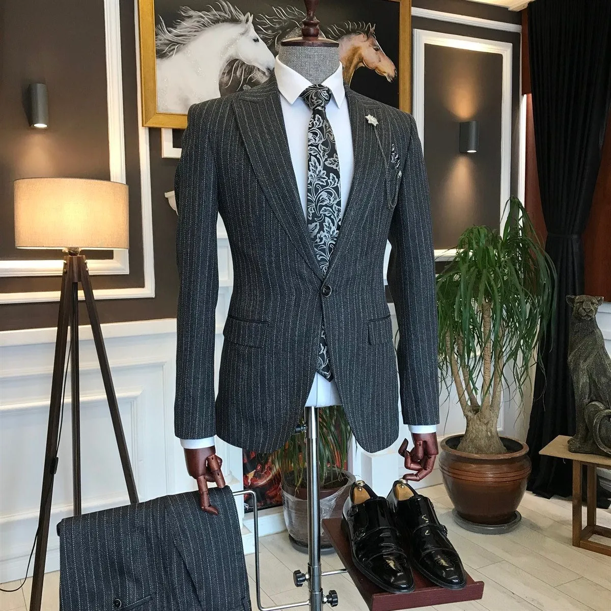 Bojoni Grey Striped Slim-Fit Suit 2-Piece