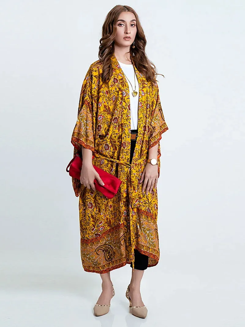 Bridal Party Wear Floral Print Yellow Cotton Long Kimono Dressing Gown