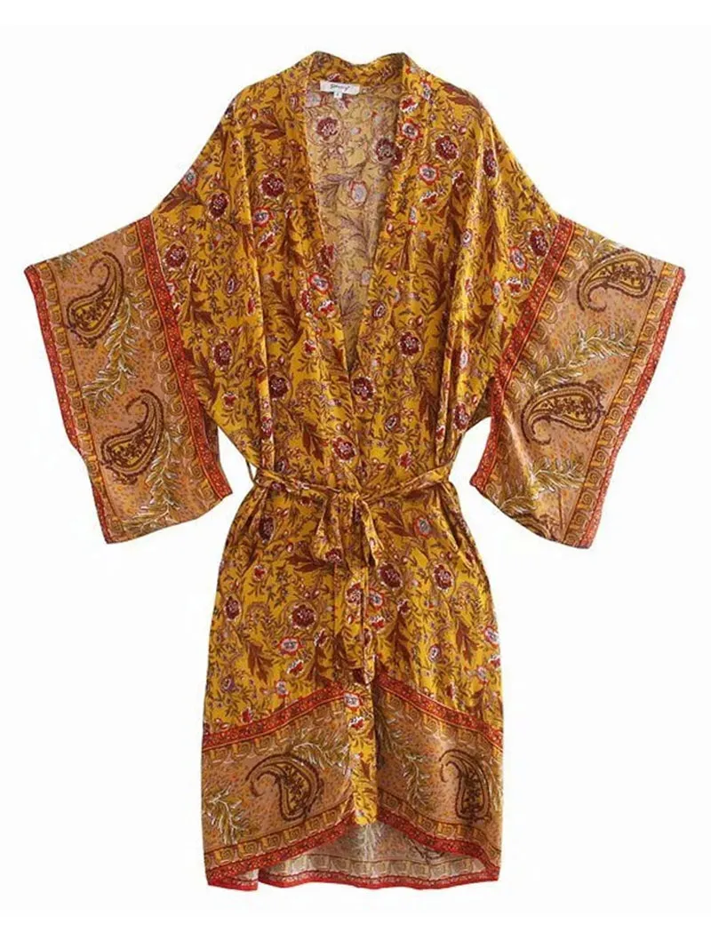 Bridal Party Wear Floral Print Yellow Cotton Long Kimono Dressing Gown